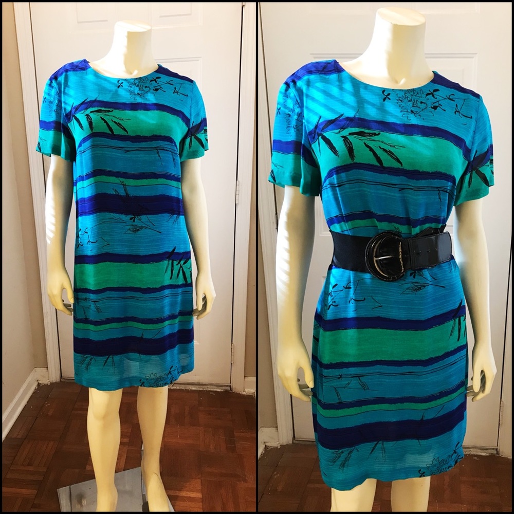 Blues/Green panel shift dress (Belt not included)